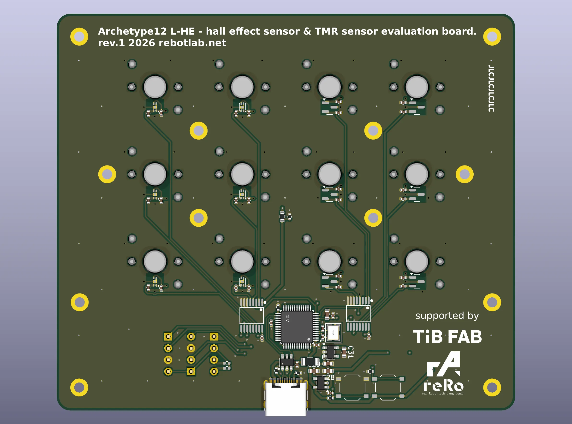 裏面。センサー・MUX・MCU・電源をすべて片面に集めた。左下が SWD / UART / I2C、下端が USB-C